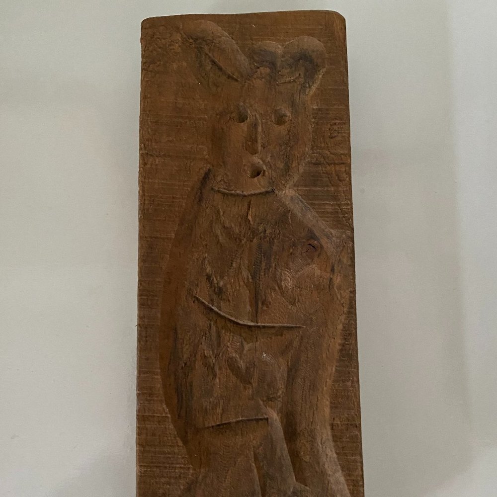 Unusual Rabbit Carved Cookie or Candy Mold Wooden Wall Hanging Folk Art